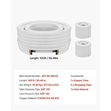 VEVOR 100ft Mini Split Line Set, 3/8” & 5/8” OD AC Copper Tubing Pipe, 3/8 White PE Insulated Coil