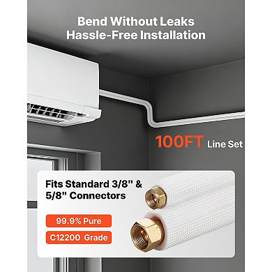 VEVOR 100ft Mini Split Line Set, 3/8” & 5/8” OD AC Copper Tubing Pipe, 3/8 White PE Insulated Coil