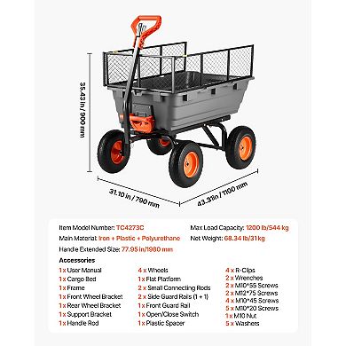 VEVOR Garden Dump Cart, 1200 lbs Poly Dump Cart, with Storage Fence, 2-in-1 Convertible Handle