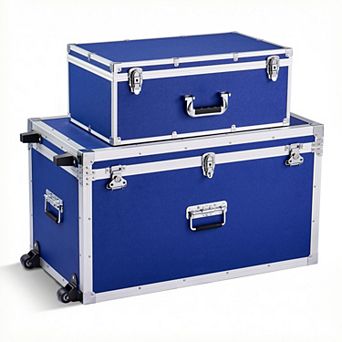VEVOR Metal Storage Trunk,Set of 2, Wooden Suitcase Storage Boxes with Padlocks,3 Metal Handles,Blue