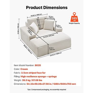 VEVOR Chaise Lounge Chair, 54 in Boneless Chaise Lounge Indoor, Modern Upholstered Oversized, Beige