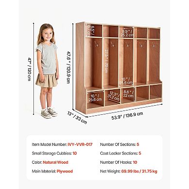 VEVOR 5-Section Kids Coat Locker,Wooden Toddler Cubby Storage Organizer with 10 Hooks & Non-Slip Mat