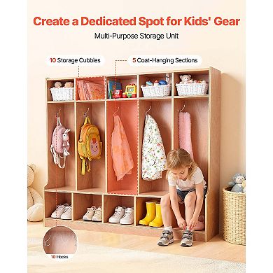 VEVOR 5-Section Kids Coat Locker,Wooden Toddler Cubby Storage Organizer with 10 Hooks & Non-Slip Mat