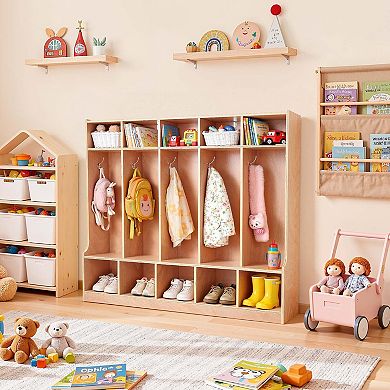 VEVOR 5-Section Kids Coat Locker,Wooden Toddler Cubby Storage Organizer with 10 Hooks & Non-Slip Mat