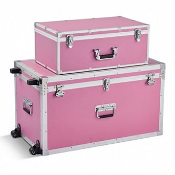 VEVOR Metal Storage Trunk, Set of 2,Wooden Suitcase Storage Boxes with Padlocks3 Metal Handles, Pink