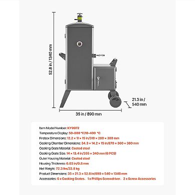 VEVOR Charcoal Offset Smoker, Heavy-Duty Steel with Side Firebox, Movable Outdoor Barbecue Smokers