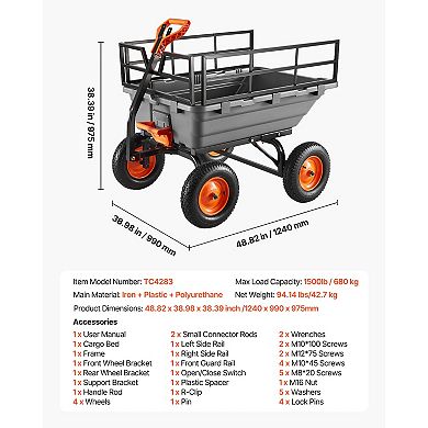 VEVOR Garden Dump Cart, 1500lbs Poly Dump Cart, 15 Cu. Ft. with 2-in-1 Convertible Handle