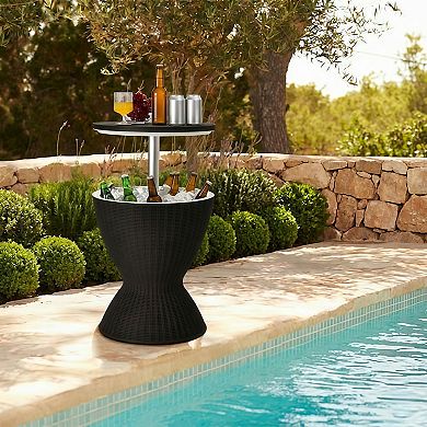 2-Height Adjustable Outdoor Rattan Ice Cooler Side Table with Drain Plug
