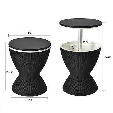2-Height Adjustable Outdoor Rattan Ice Cooler Side Table with Drain Plug