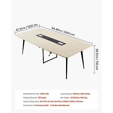 VEVOR Conference Table, 8 ft Boat Shaped Office Meeting Table with Charge Station for 10 Person