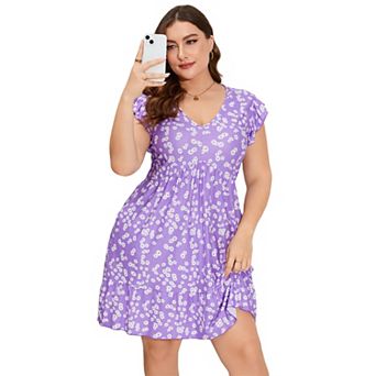 Women's Plus Size V Neck Gathered Waist Ruffle Sleeve Pocketed Dress