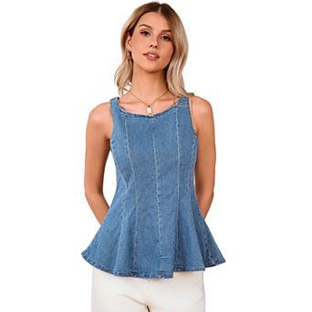 Women's Casual Sleeveless Denim Flared Hem Round Neck T Shirt