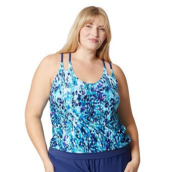 Free Country Women's Plus Size Double Strap Cut Out Blouson Tankini Top
