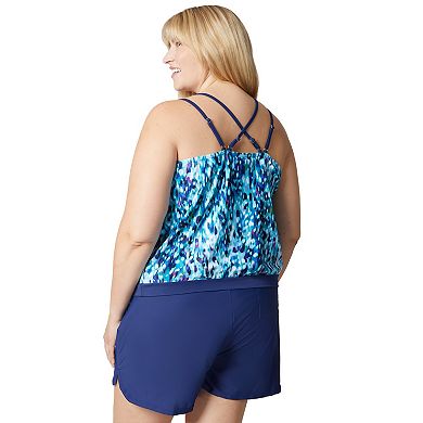 Free Country Women's Plus Size Double Strap Cut Out Blouson Tankini Top