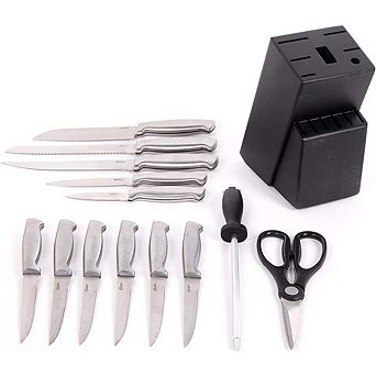 14 pc Stainless Steel Kitchen Knife Set with Swivel Block and Sharpener