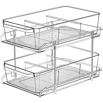 2 tier Clear Slide-Out Organizer with Dividers, Multi-Purpose Storage Bin