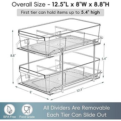 2-Tier Clear Slide-Out Organizer with Dividers, Multi-Purpose Storage Bin