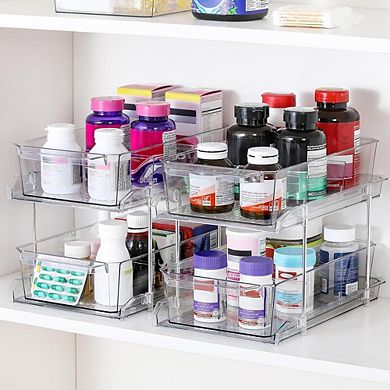 2-Tier Clear Slide-Out Organizer with Dividers, Multi-Purpose Storage Bin
