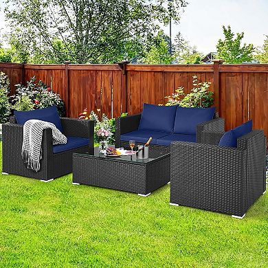 Costway Patio Rattan Furniture Set Cushioned Sofa Chair Coffee Table