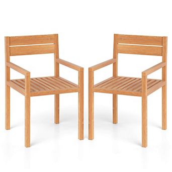 Costway Outdoor Teak Wood Chair Patio Dining Armchair with Slatted Seat & Backrest