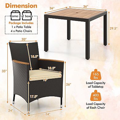 Costway 5 PCS Patio Dining Table Set for 4 Rattan Conversation Set with Umbrella Hole