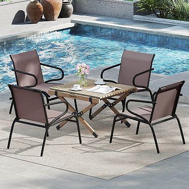 Costway Patio Chairs with Breathable Fabric & Metal Frame Armrests for Poolside