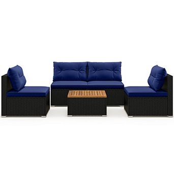 Costway 5 pc Outdoor Furniture Set with Seat & Back Cushions Acacia Wood Tabletop