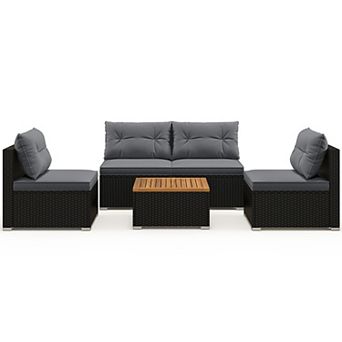 Costway 5 pc Outdoor Furniture Set with Seat & Back Cushions Acacia Wood Tabletop
