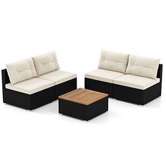 Costway 5 pc Outdoor Furniture Set with Seat & Back Cushions Acacia Wood Tabletop