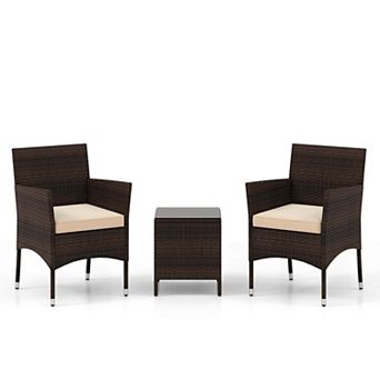Costway 3 pc Outdoor Conversation Set with Cushioned Seat & Tempered Glass Tabletop