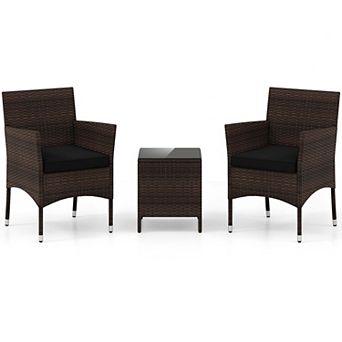 Costway 3 pc Outdoor Conversation Set with Cushioned Seat & Tempered Glass Tabletop