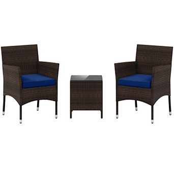 Costway 3 pc Outdoor Conversation Set with Cushioned Seat & Tempered Glass Tabletop