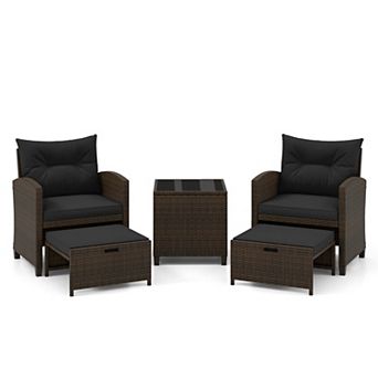 Costway 5 pc Patio Rattan Furniture with 2 Wicker Ottomans & Tempered Glass Coffee Table