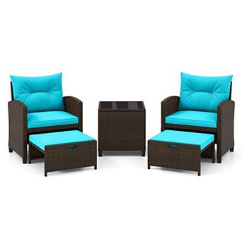 Costway 5 pc Patio Rattan Furniture with 2 Wicker Ottomans & Tempered Glass Coffee Table