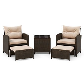 Costway 5 pc Patio Rattan Furniture with 2 Wicker Ottomans & Tempered Glass Coffee Table