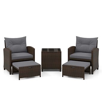 Costway 5 pc Patio Rattan Furniture with 2 Wicker Ottomans & Tempered Glass Coffee Table