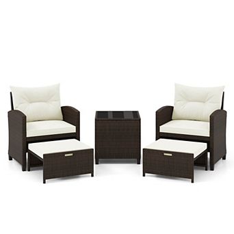 Costway 5 pc Patio Rattan Furniture with 2 Wicker Ottomans & Tempered Glass Coffee Table