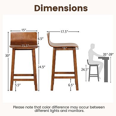 Costway 24.5" Wood Bar Stools Set of 2 with Solid Back & Seat Mid Century Bar Chairs