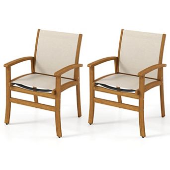 Costway Outdoor Dining Chairs Acacia Wood Patio Chairs with Breathable Fabric Seat