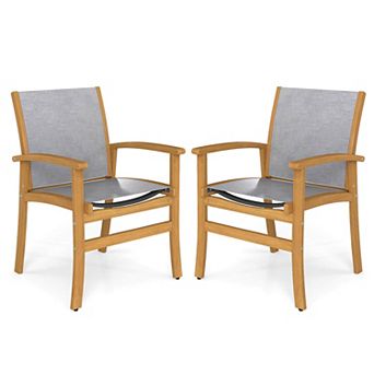 Costway Outdoor Dining Chairs Acacia Wood Patio Chairs with Breathable Fabric Seat