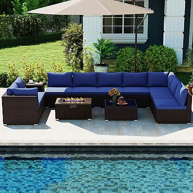 Costway 12 PCS Patio Wicker Sectional Sofa Set with 32” Propane Fire Pit Table Tank Holder