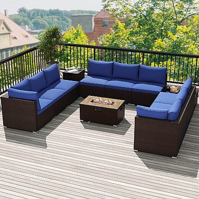 Costway 12 PCS Patio Wicker Sectional Sofa Set with 32” Propane Fire Pit Table Tank Holder