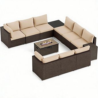 Costway 12 pc Patio Wicker Sectional Sofa Set with 32” Propane Fire Pit Table Tank Holder