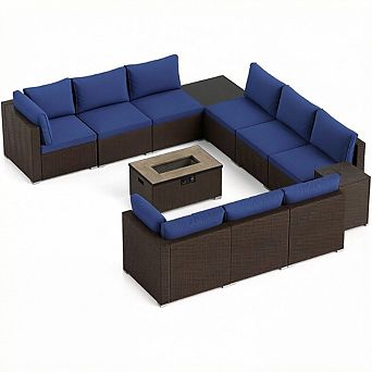 Costway 12 pc Patio Wicker Sectional Sofa Set with 32” Propane Fire Pit Table Tank Holder