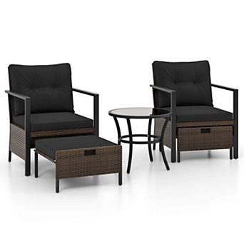 Costway 5 pc Outdoor Furniture Set Rattan Chairs & Ottomans with Glass Topped Coffee Table