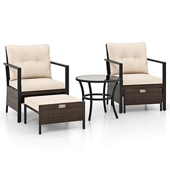 Costway 5 pc Outdoor Furniture Set Rattan Chairs & Ottomans with Glass Topped Coffee Table