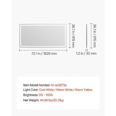 VEVOR LED Bathroom Mirror, 36" x 72" LED Bathroom Vanity Mirror with Frontlit and Backlit