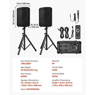 VEVOR Professional PA System, 800W Powered, Sound System Set with 6 Channel Mixer, Dual Speakers