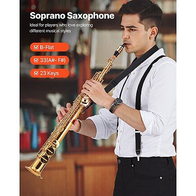 VEVOR Straight Soprano Saxophone,B Flat, Brass Saxophone Beginner Kit with Carrying Case, Mouthpiece