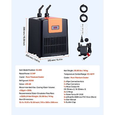 VEVOR Aquarium Chiller 52 Gallon, 1/10 HP Water Chiller for Hydroponics, Fast Cooling for Fish Tank